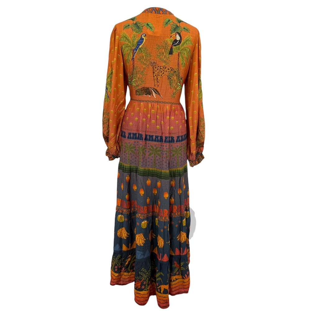 Farm Rio Est Mil Arvor Tropical Jungle Maxi Dress Orange Long‎ Sleeve Small NWT - Picture 5 of 16